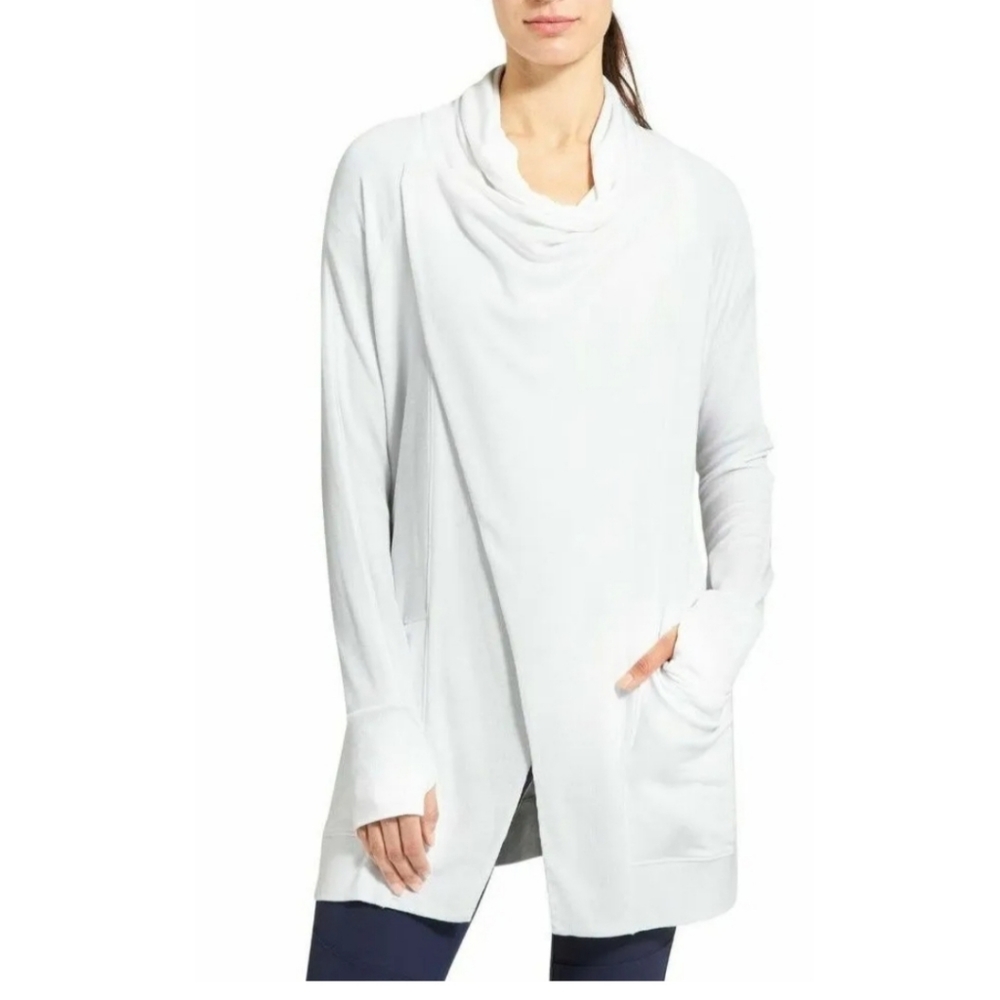 Athleta Studio Wrap Cardigan Stretchy Knit Modal Blend Pockets Size S Gray